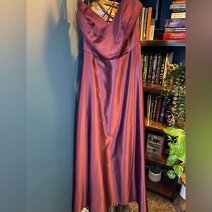 David’s Bridal bridesmaid dress, size 8, wine color, satin/polyester material.